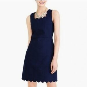 NWT J Crew Scalloped Hem Basketweave Navy Blue Sheath Dress Cotton Square Neck 6